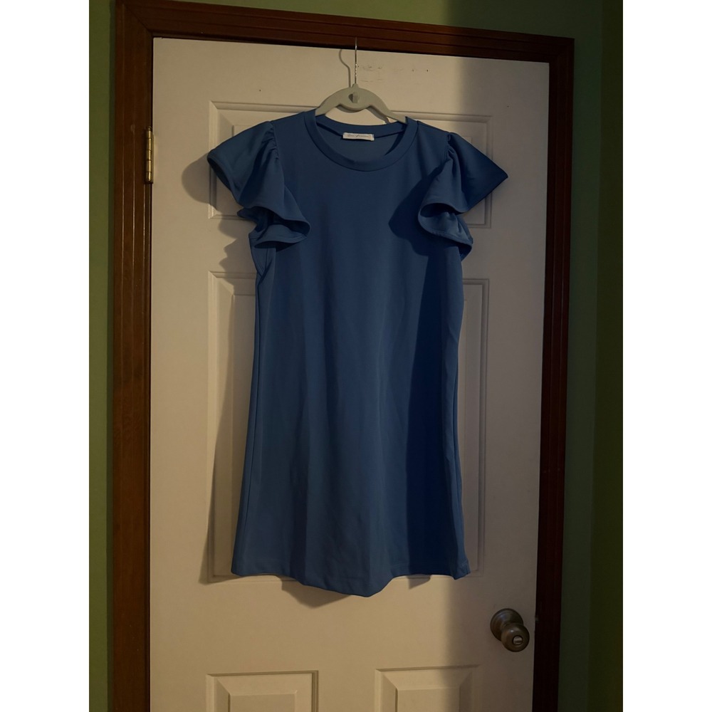 Ces Femme Blue Ruffle Sleeve Shift Dress Womens Large DY51143SA Crew Neck Mini
